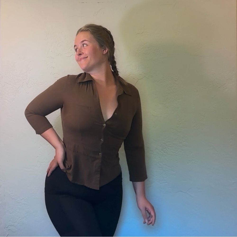 Elementz 100% Silk Button Down. Size Small Brown - image 7